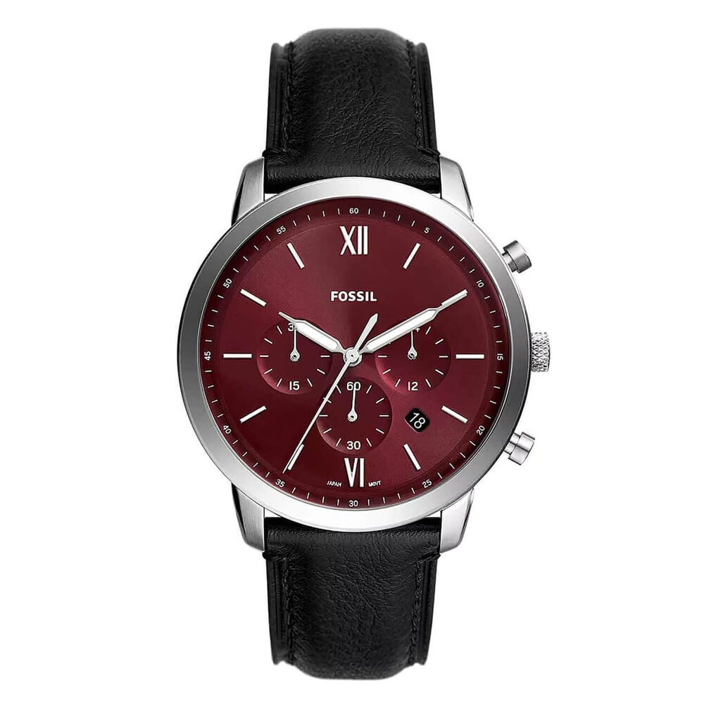 Gents Fossil Stainless Steel Bl;ack Strap Red Chronograph Dial