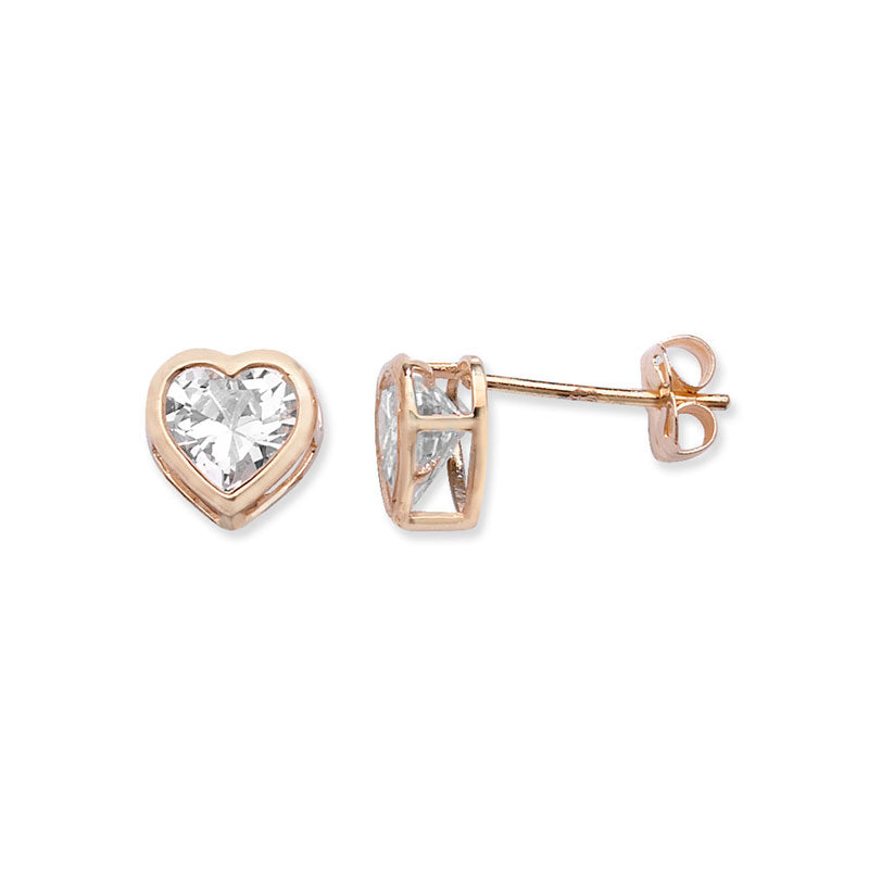 9ct Yellow Gold Rubover CZ Heart Stud Earrings