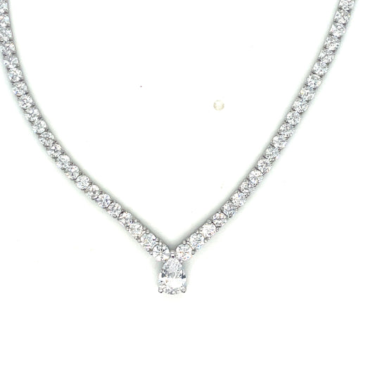 Sterling Silver Half Tennis Necklet With Pear Centre