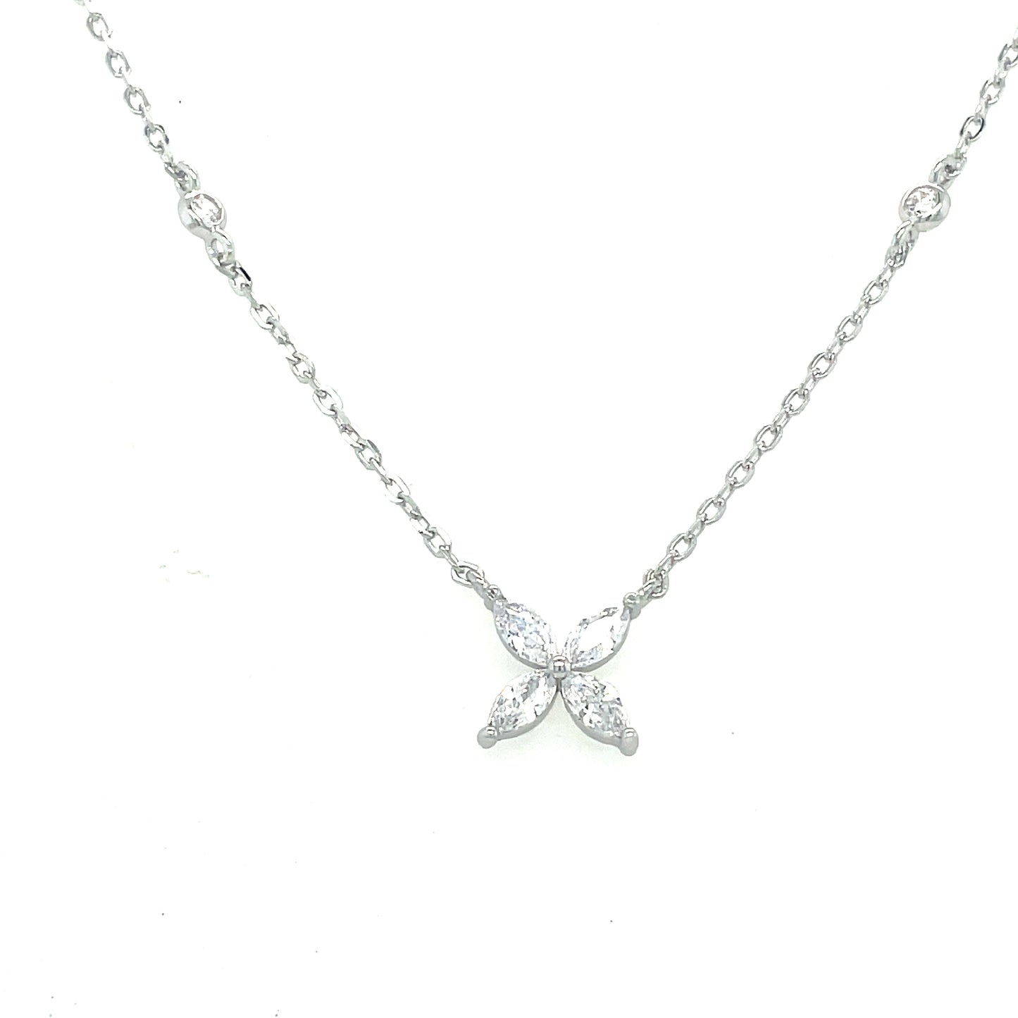 Sterling Silver CZ Flower Necklet with Scattered Rubover CZ
