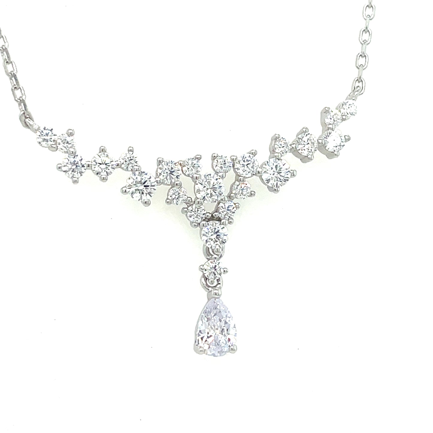 Sterling Silver CZ Hammock Cluster CZ Necklet with Pear CZ Drop