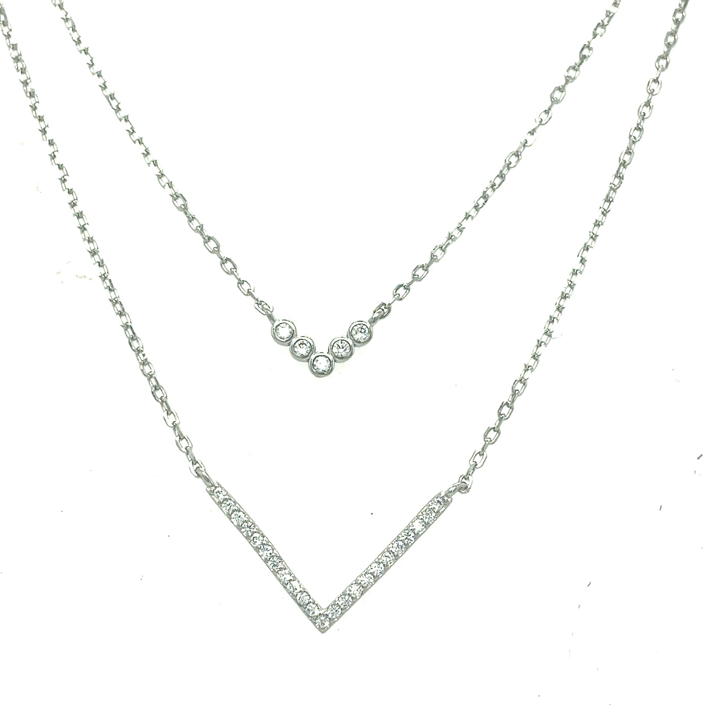 Sterling Silver Layered V Shaped CZ Necklet