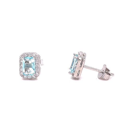 Sterling Silver Pale Blue + Cubic Zirconia Rectangular Earring