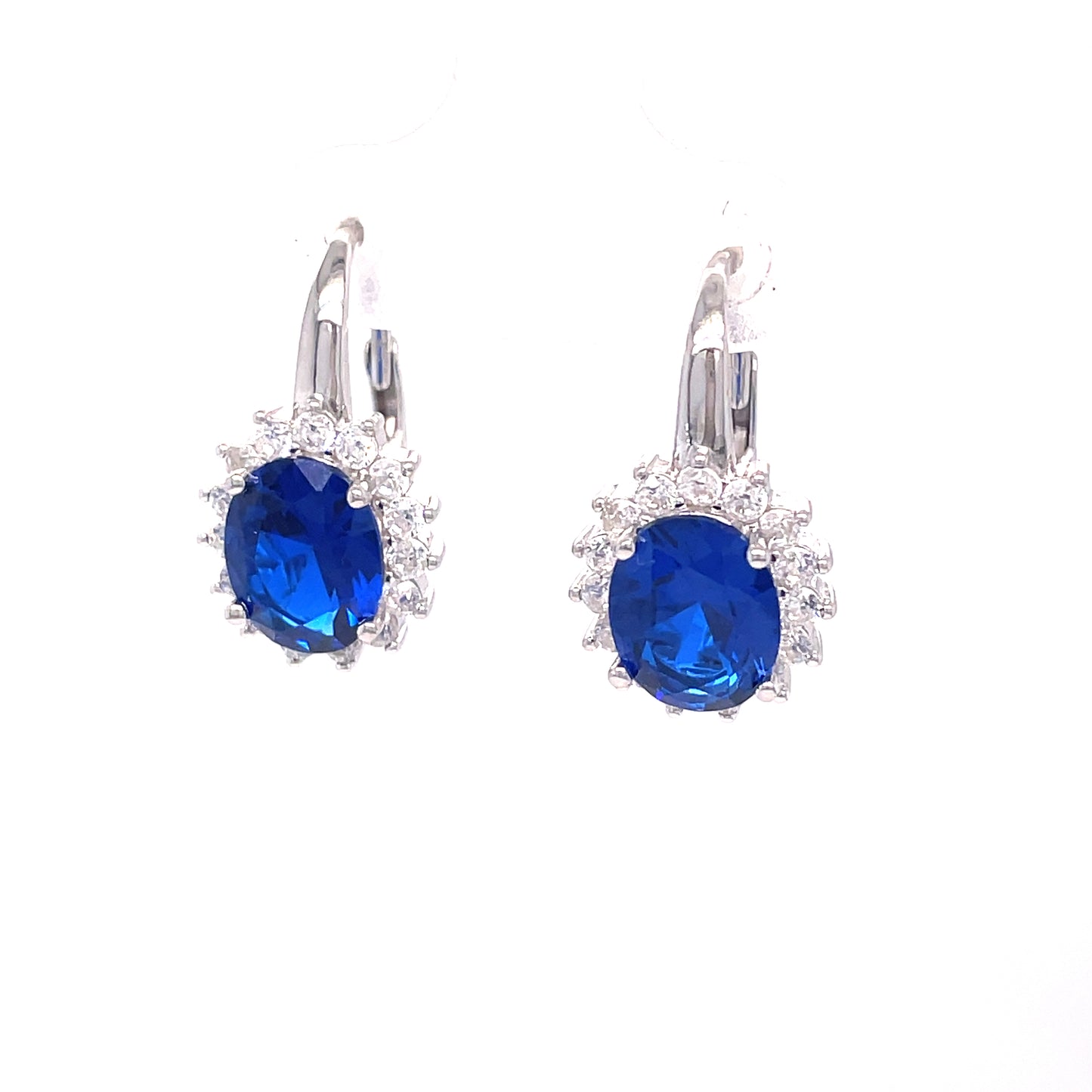 Sterling Silver Dark Blue + White Cubic Zirconia Drop Oval Cluster Earrings
