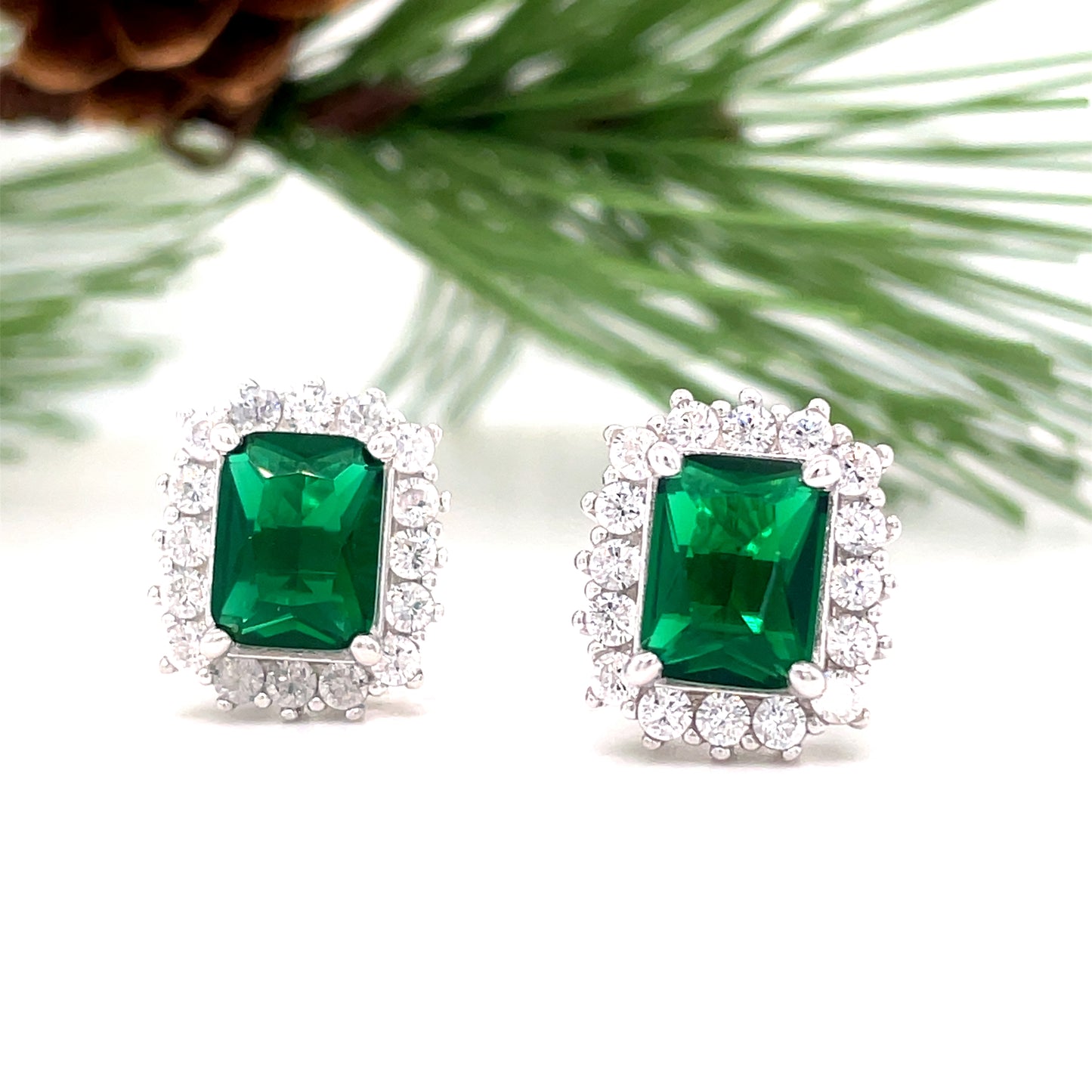 Sterling Silver Green White Cubic Zirconia Rectangular Cluster Earrings