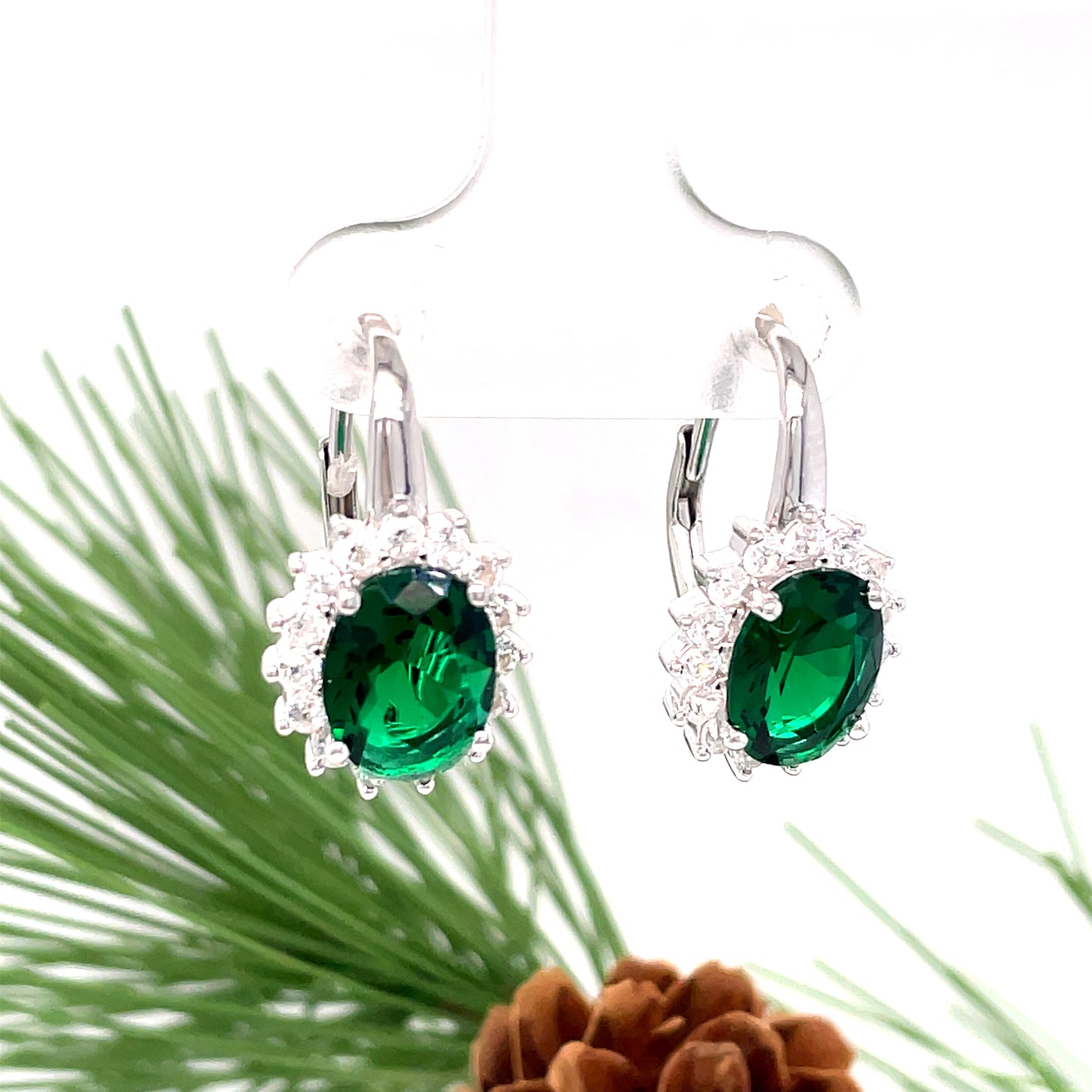 Sterling Silver Green + White Cubic Zirconia Drop Oval Cluster Earrings
