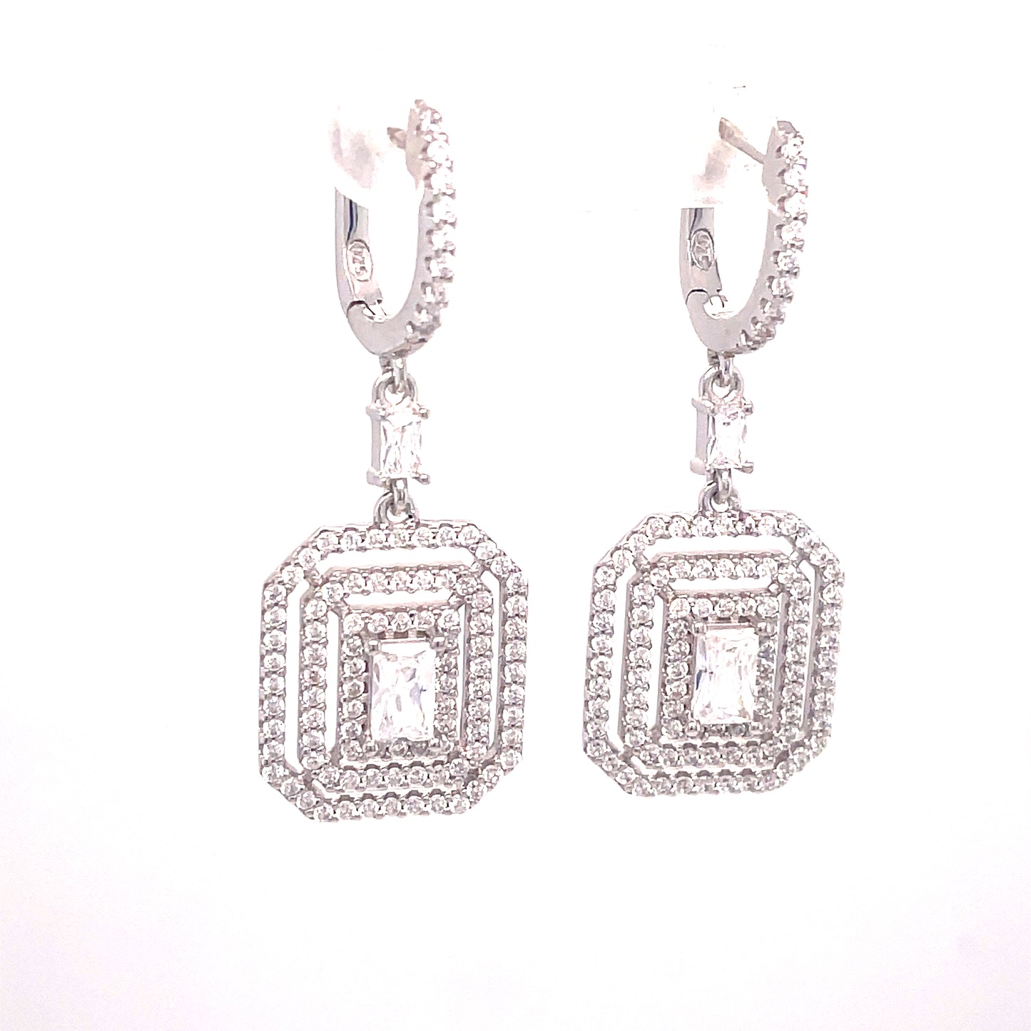Sterling Silver White Cubic Zirconia Drop Rectangular Cluster Earrings