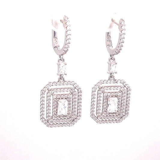 Sterling Silver White Cubic Zirconia Drop Rectangular Cluster Earrings