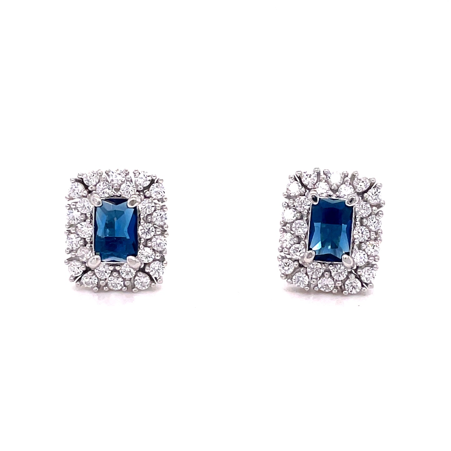 Sterling Silver Dark Blue + White Cubic Zirconia Rectangular Cluster Earrings