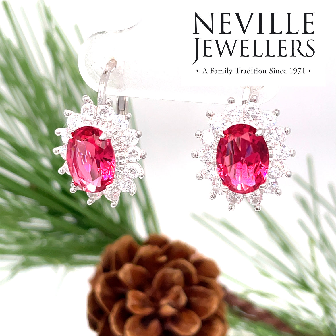 Sterling Silver Red + White Cubic Zirconia Drop Oval Cluster Earrings