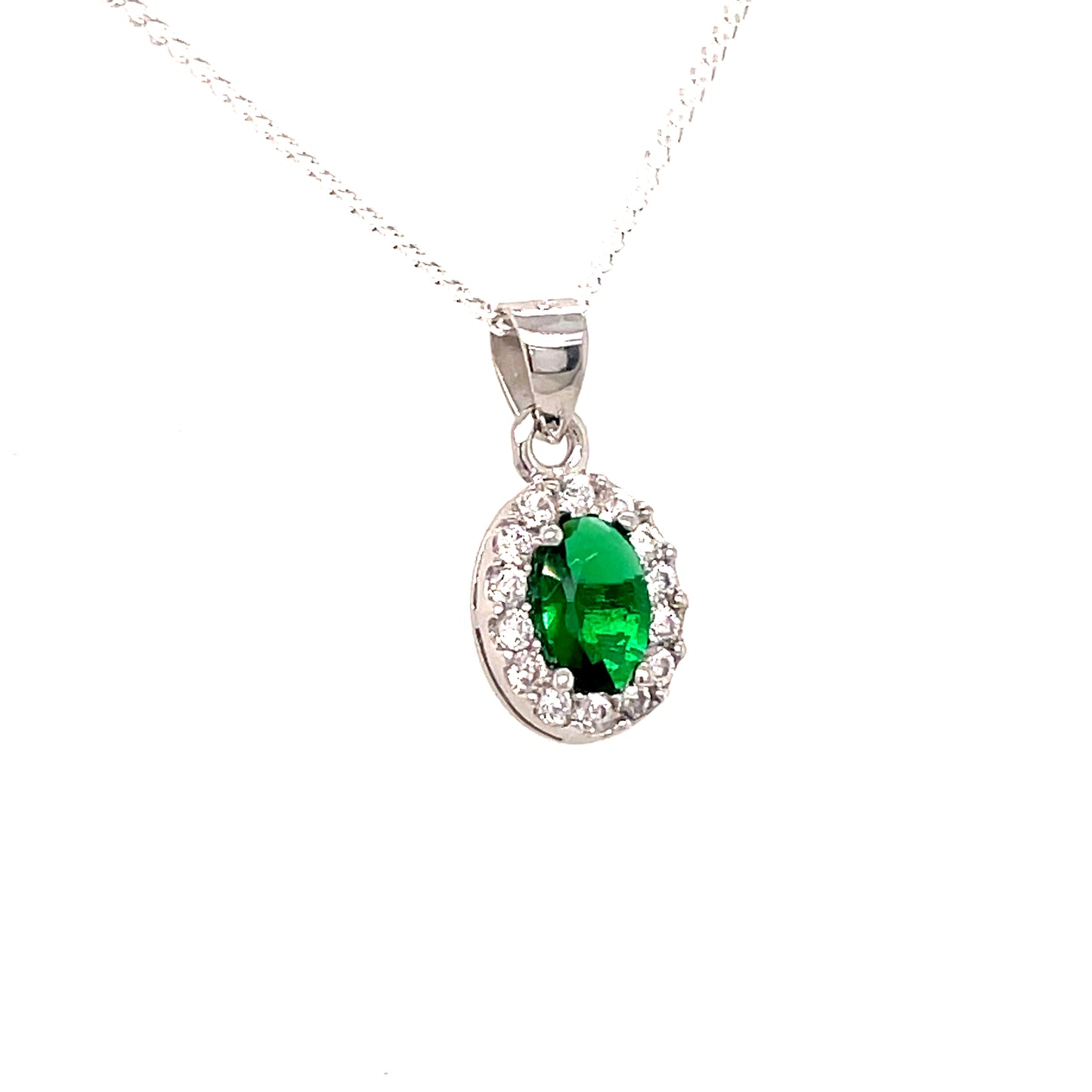 Sterling Silver Oval Green CZ Pendant with White CZ Halo