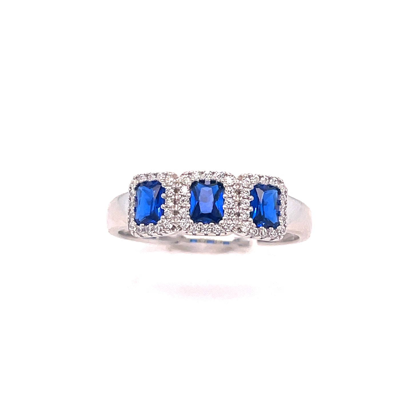 SILver RING 3 STONE ET CZ/BLUE HALO EXPANDABLE