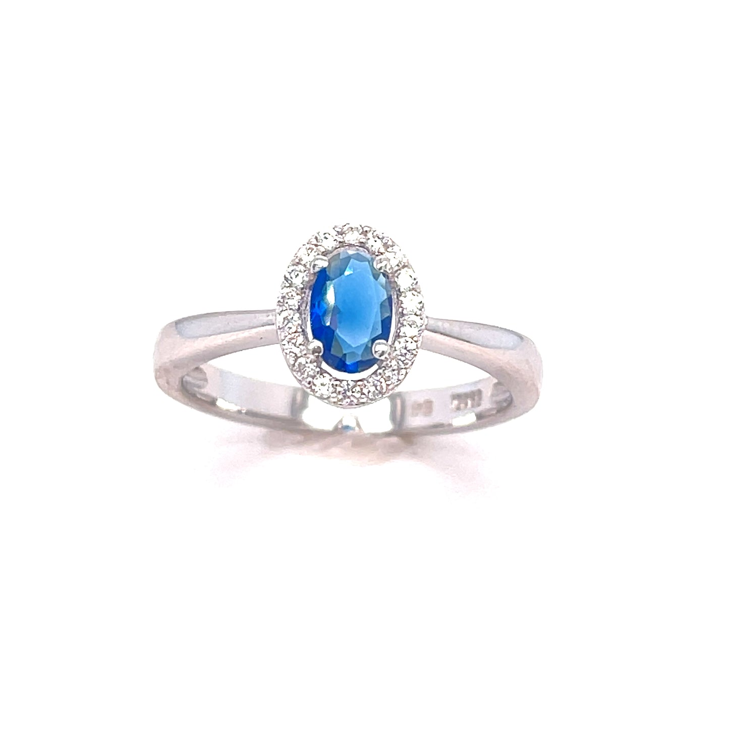 SILVER RING OV CZ/BLUE SOLITAIRE HALO