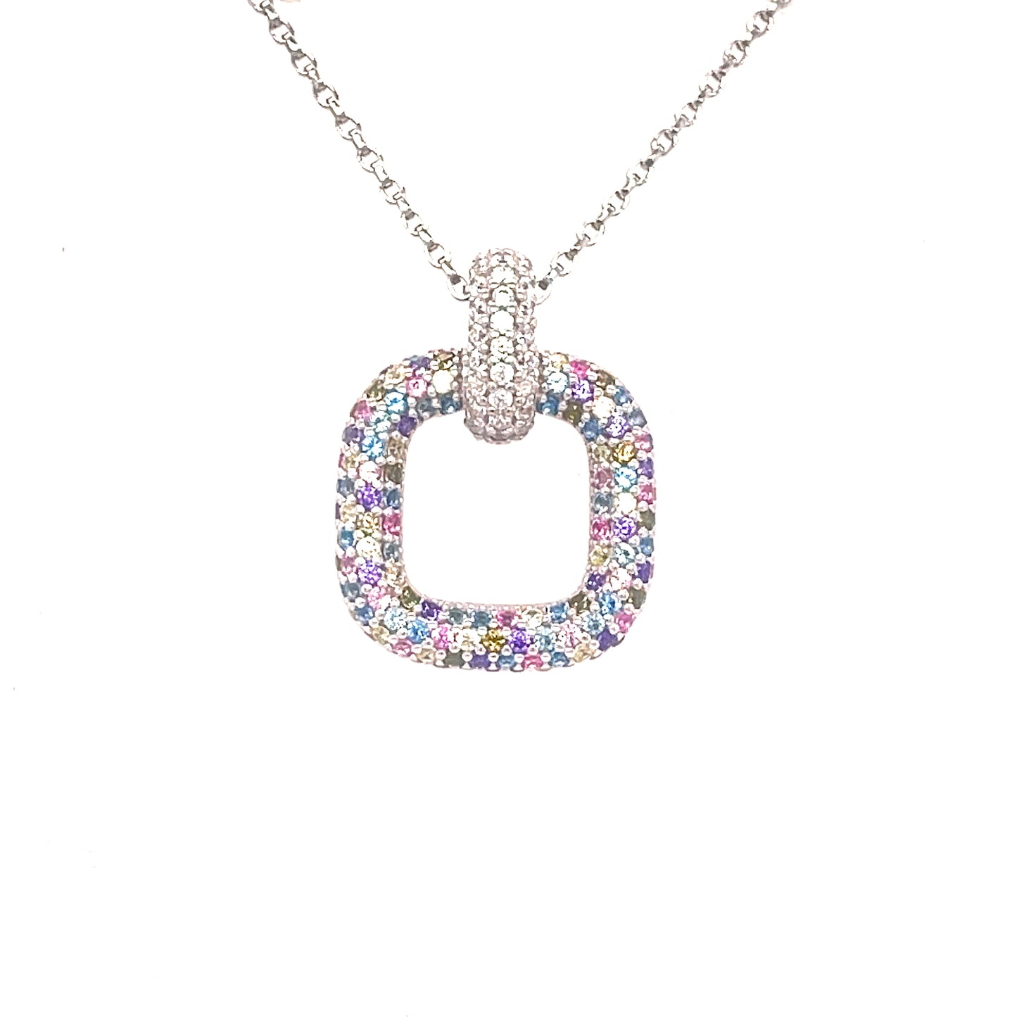 Sterling Silver Open Pave Multicolour CZ Square Pendant