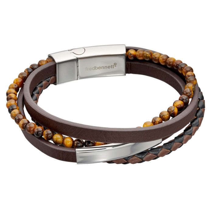 Fred Bennett Tiger's Eye Brown Leather Bracelet