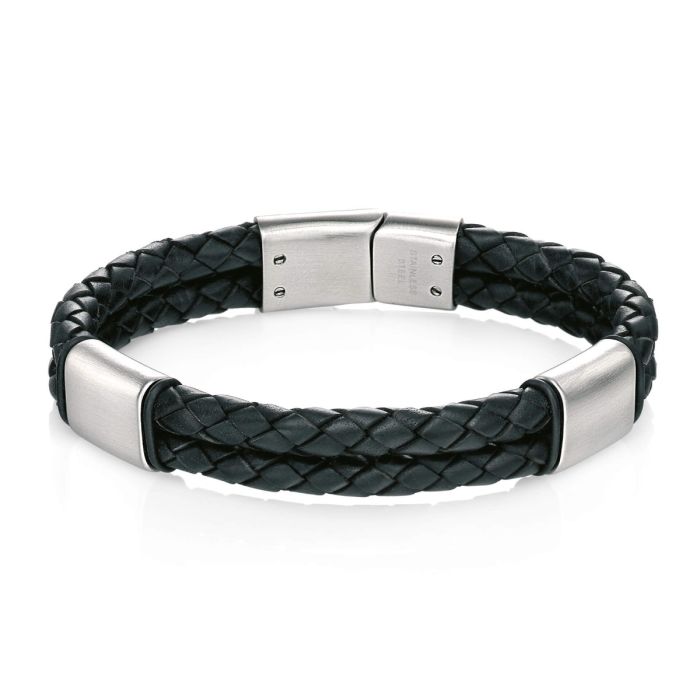 Fred Bennett Two Row Black Plaited Leather Bracelet