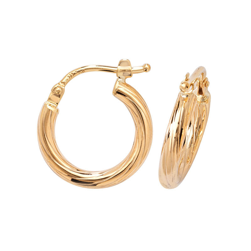 9ct Yellow Gold 15mm Textured Hoop Earrings