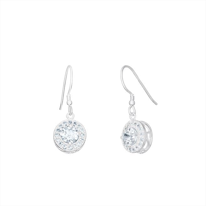 Sterling Silver Round Cluster Hook Drop Earrings