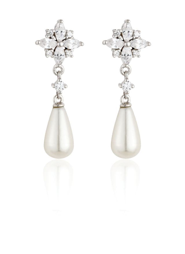 Sterling Silver CZ Cluster Oval Pearl Drop Earrings