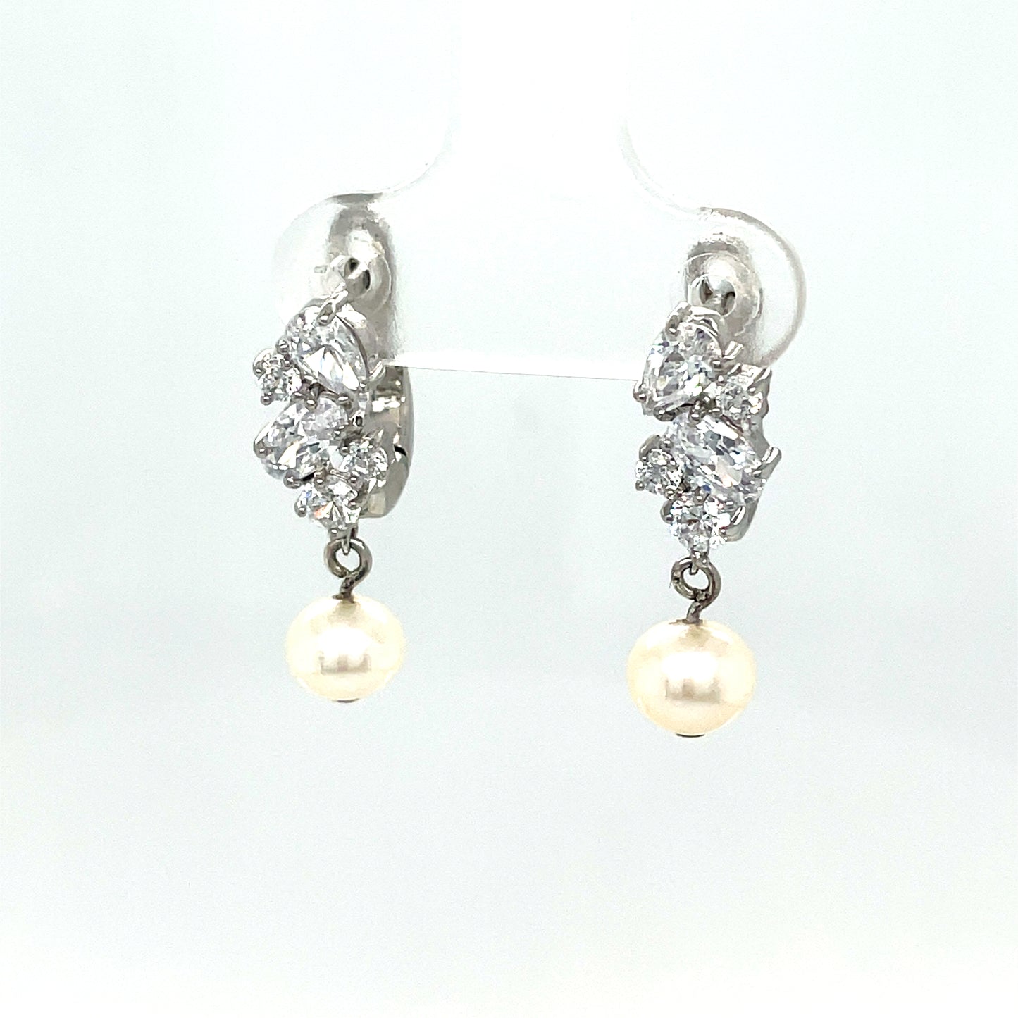 Sterling Silver Multicolour CZ Cluster Pearl Drop Earrings
