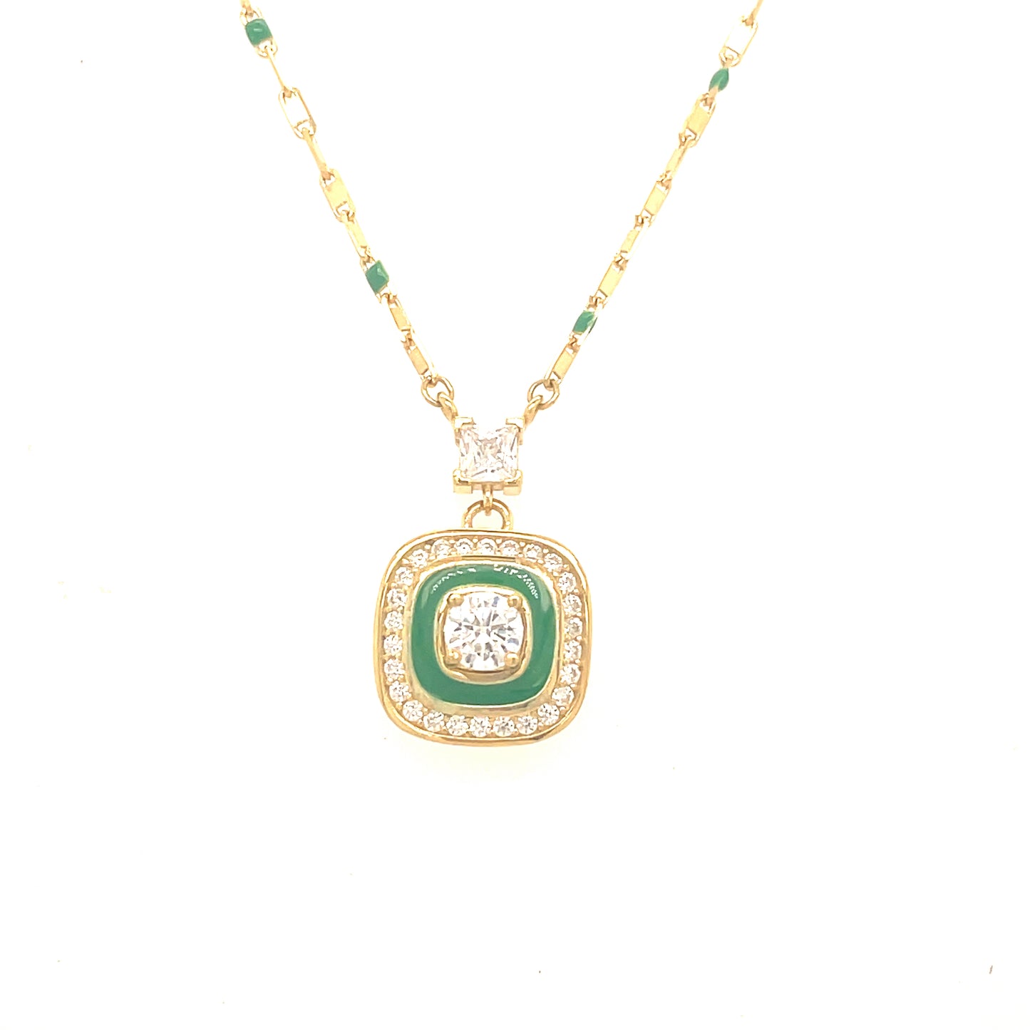 9ct Gold CZ and Green Enamel Square Custer Necklet with Beaded Chain