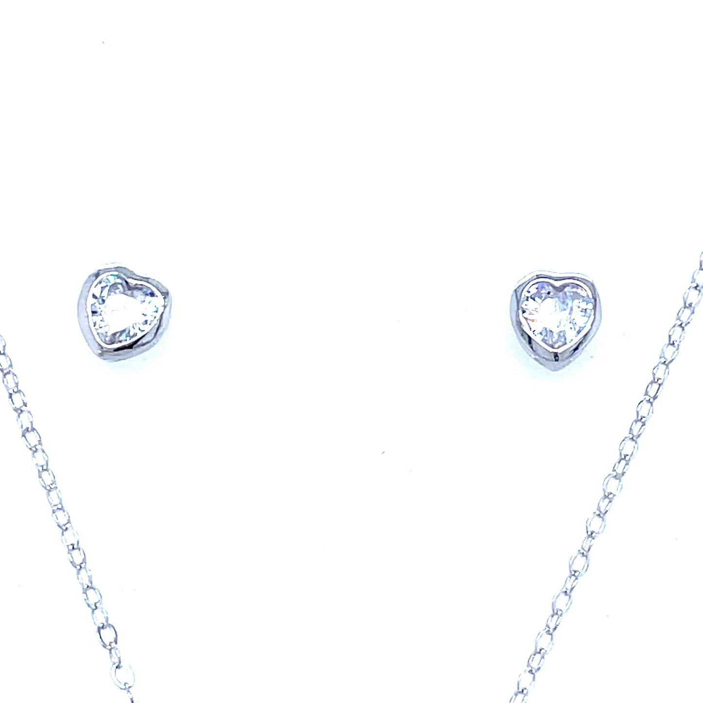 Sterling Silver Cubic Zirconia Rubover Heart Necklet And Stud Earring Set