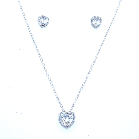 Sterling Silver Cubic Zirconia Rubover Heart Necklet And Stud Earring Set