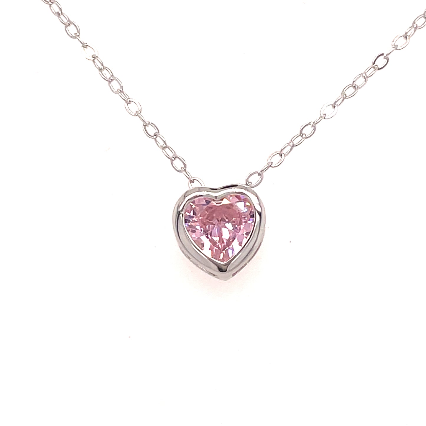 Sterling Silver Pink Cubic Zirconia Rubover Heart Necklet And Stud Earring Set