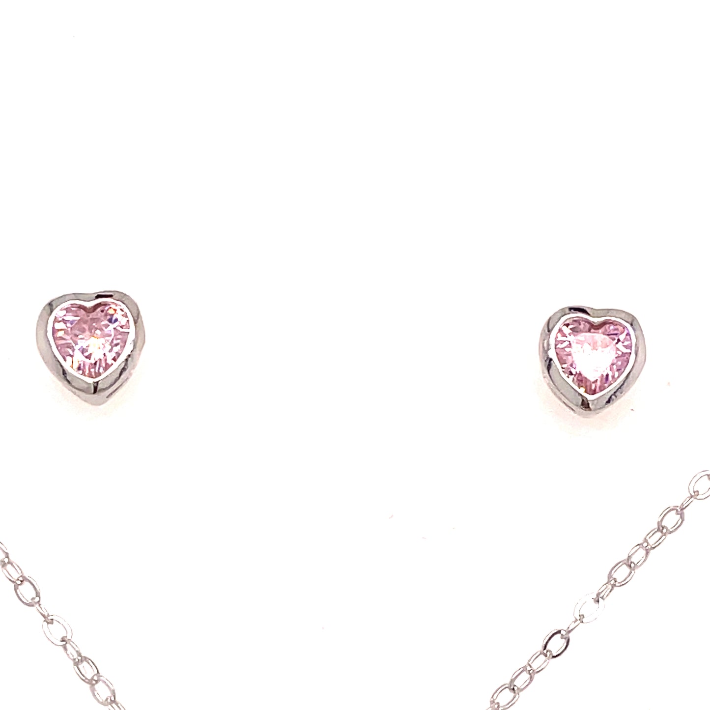 Sterling Silver Pink Cubic Zirconia Rubover Heart Necklet And Stud Earring Set