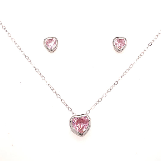 Sterling Silver Pink Cubic Zirconia Rubover Heart Necklet And Stud Earring Set