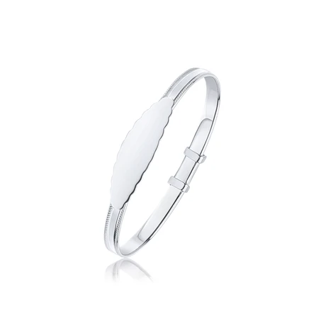 Silver Baby Bangle Polished Cloud ID plate beaded edge motif