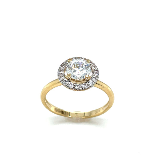 9CT CUBIC ZIRCONIA ROUND SOLITAIRE OPEN HALO DRESS RING