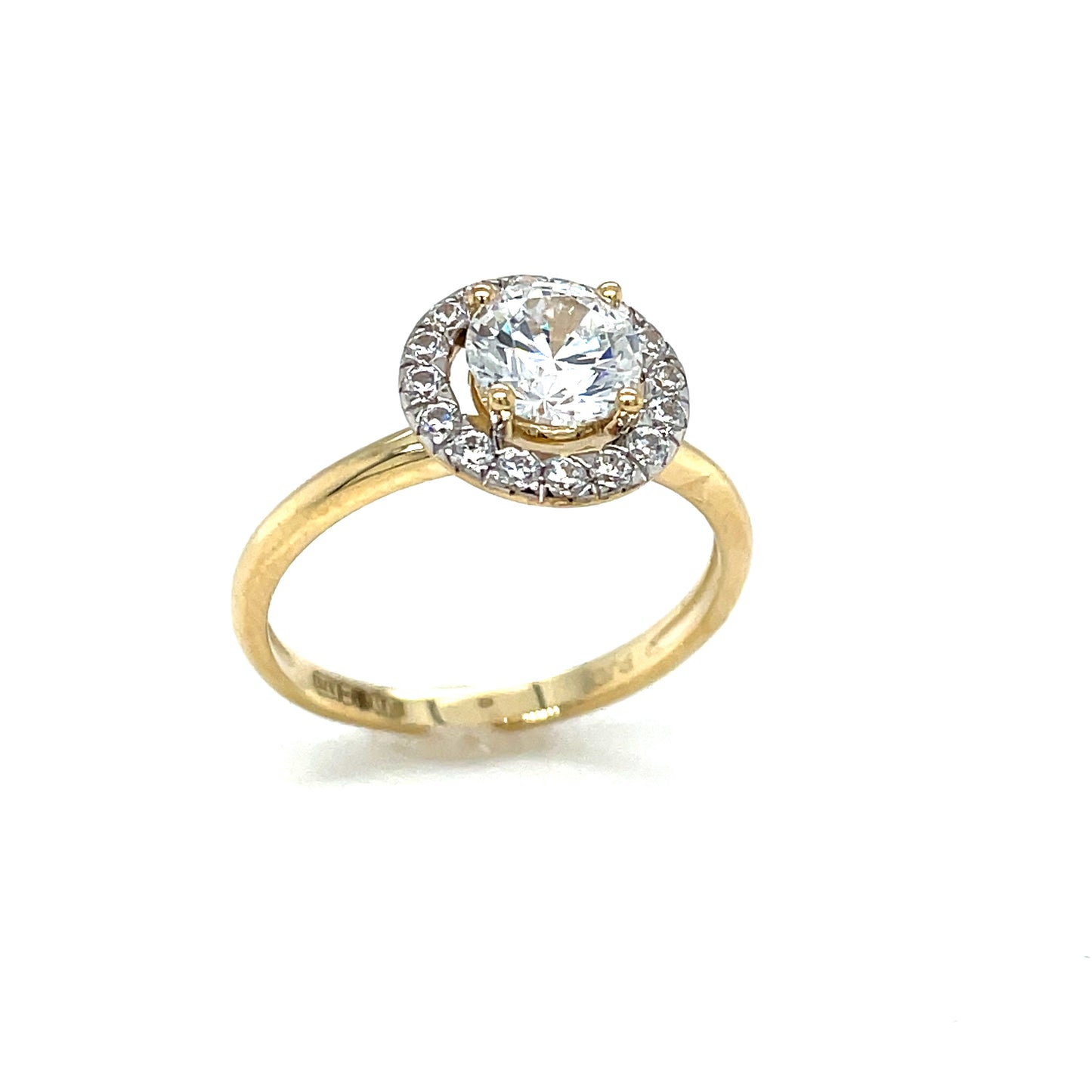 9CT CUBIC ZIRCONIA ROUND SOLITAIRE OPEN HALO DRESS RING