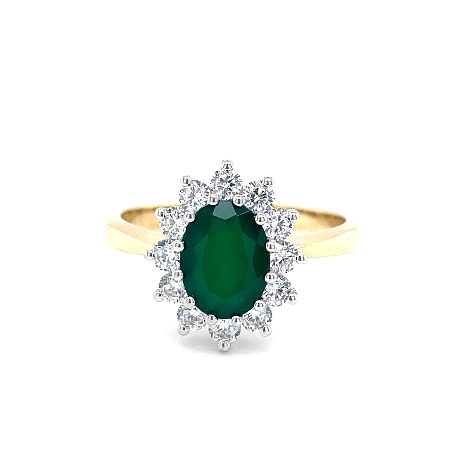 9ct Yellow Gold Green Agate & Cubic Zirconia Oval Cluster Dress Ring