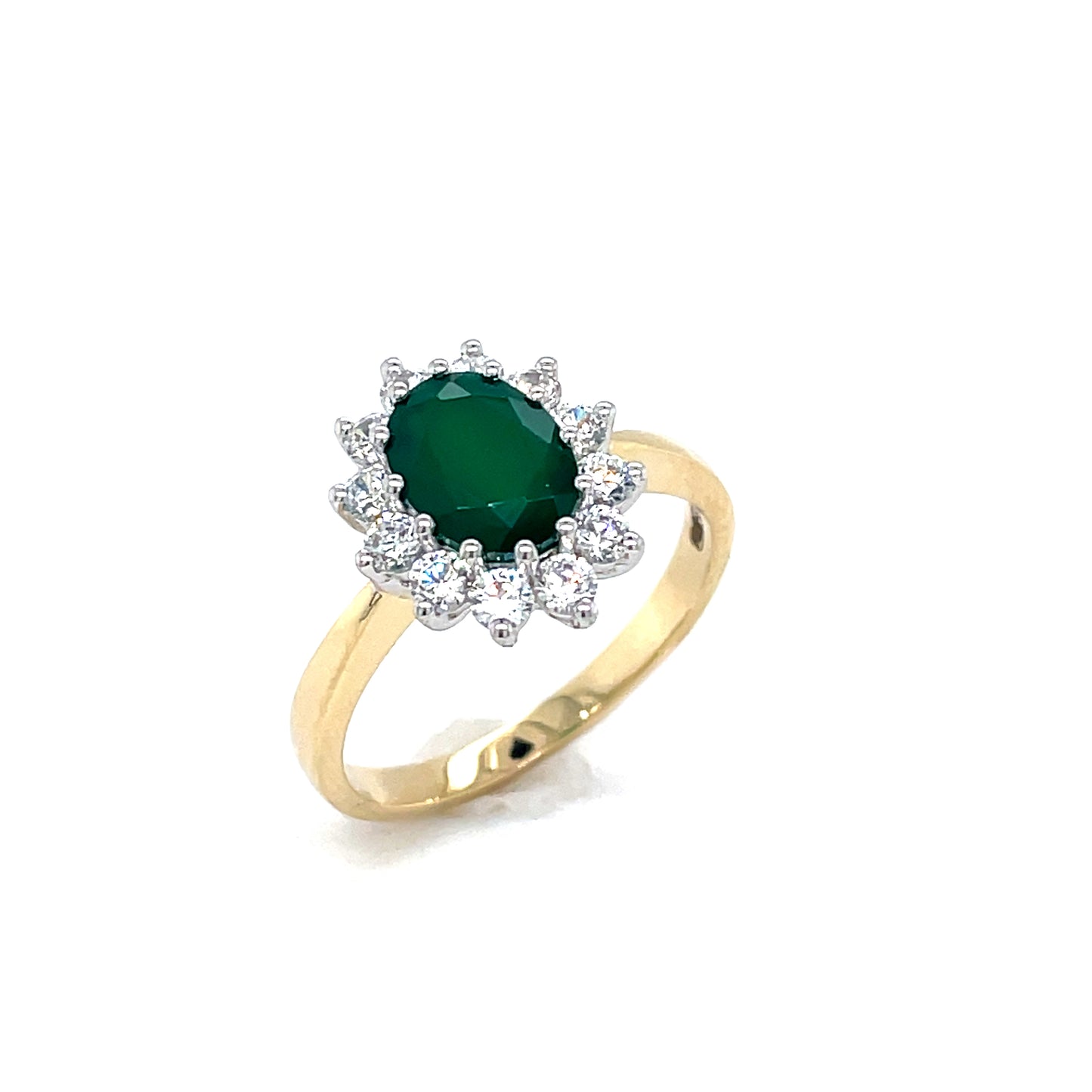 9ct Yellow Gold Green Agate & Cubic Zirconia Oval Cluster Dress Ring