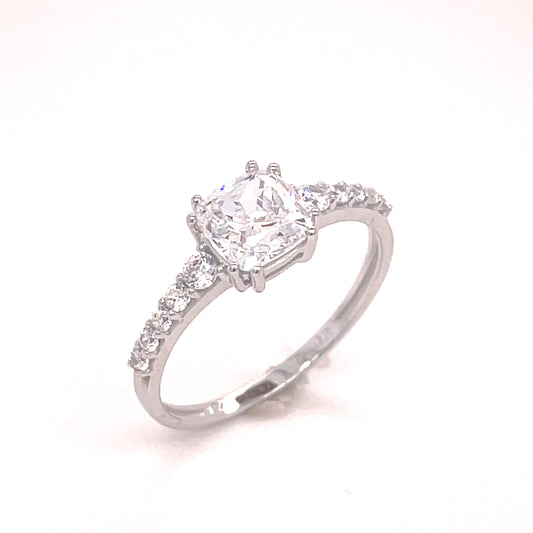 9CT WHITE GOLD CUBIC ZIRCONIA SOLITAIRE DRESS RING WITH STONE SET SHOULDERS