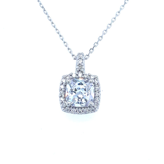 9CT WHITE GOLD CUBIC ZIRCONIA CUSHION CUT HALO PENDANT