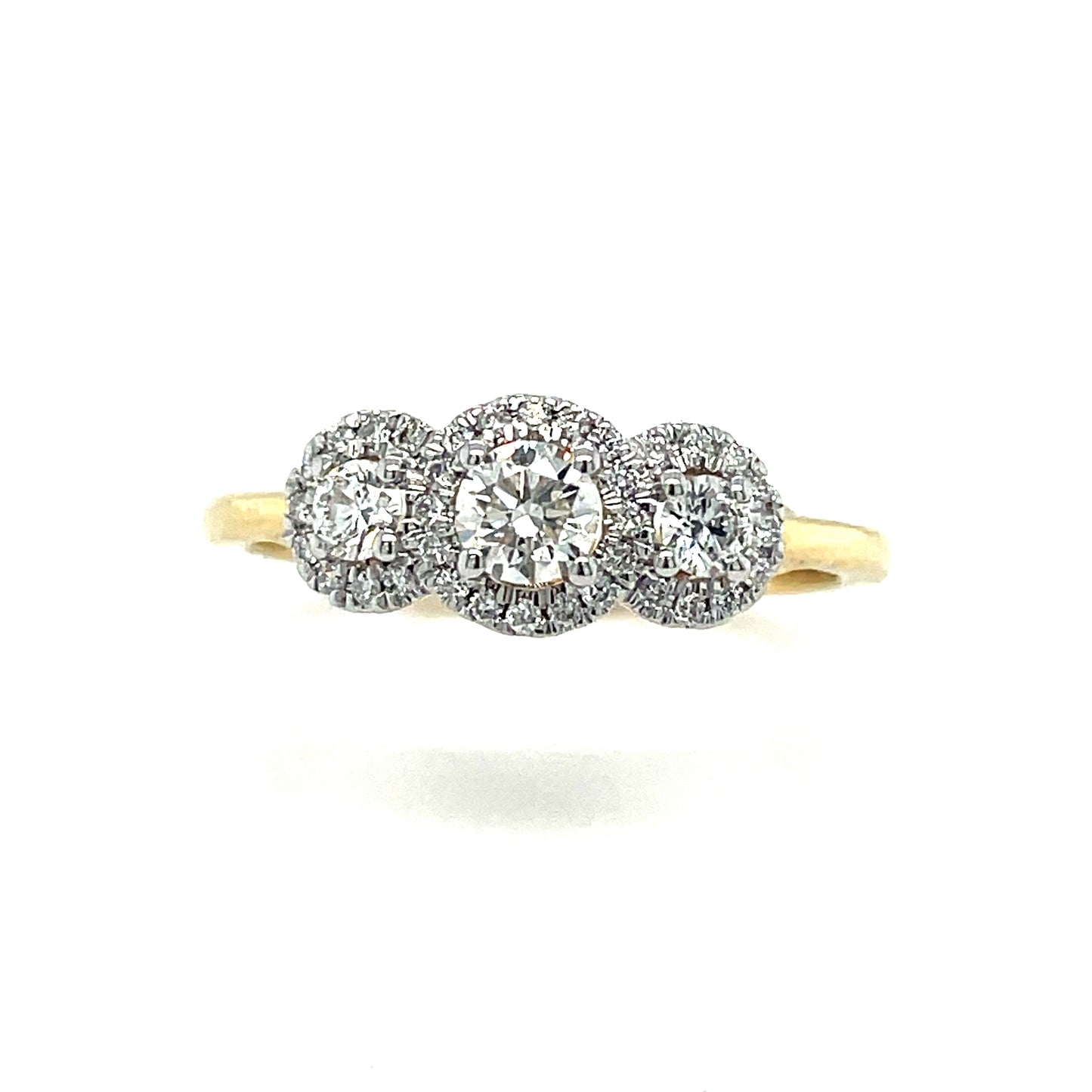 9CT ROUND BRILLIANT HALO 3 STONE DIAMOND RING .50CT