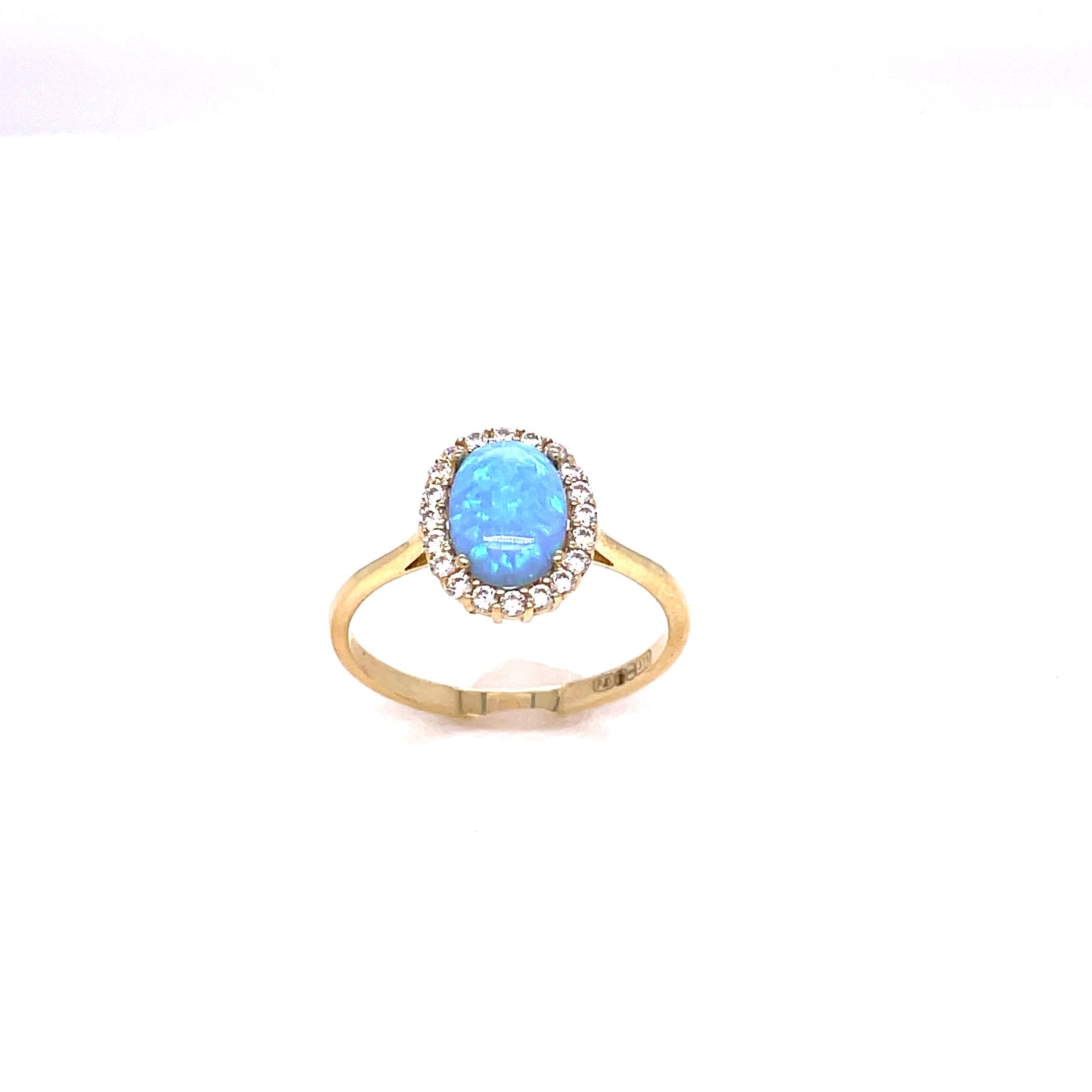 9ct Yellow Gold Oval Blue Opal Ring with CZ Halo
