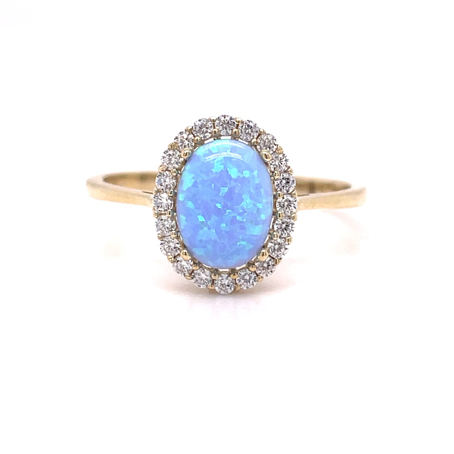 9ct Yellow Gold Oval Blue Opal Ring with CZ Halo