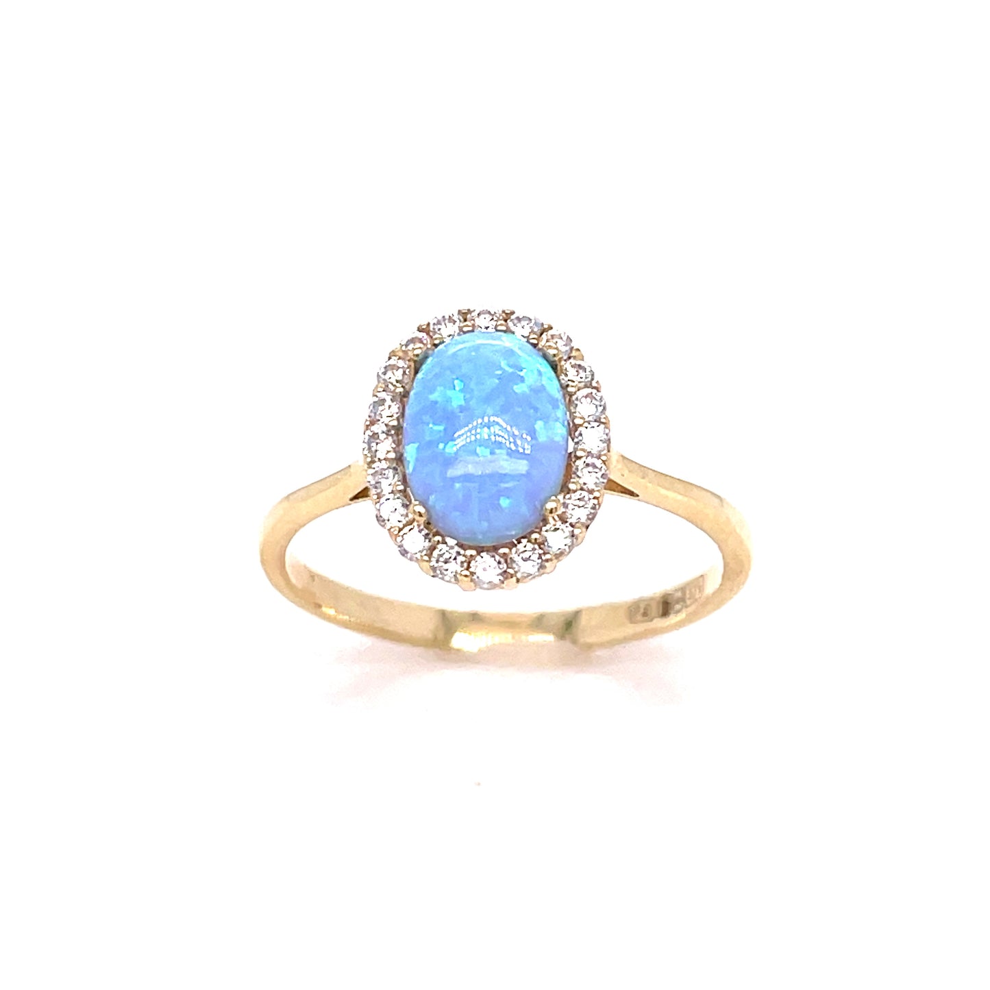 9ct Yellow Gold Oval Blue Opal Ring with CZ Halo