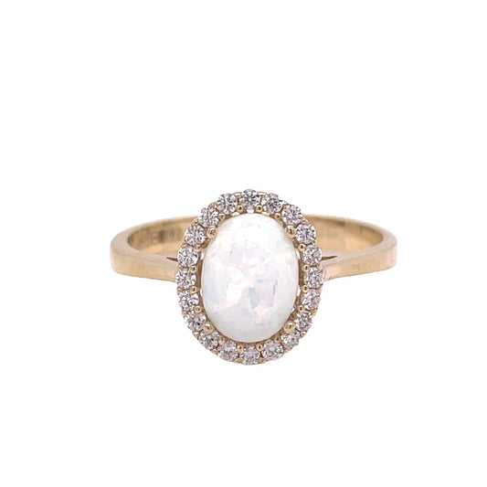 9ct White Gold Oval Opal Ring with CZ Halo