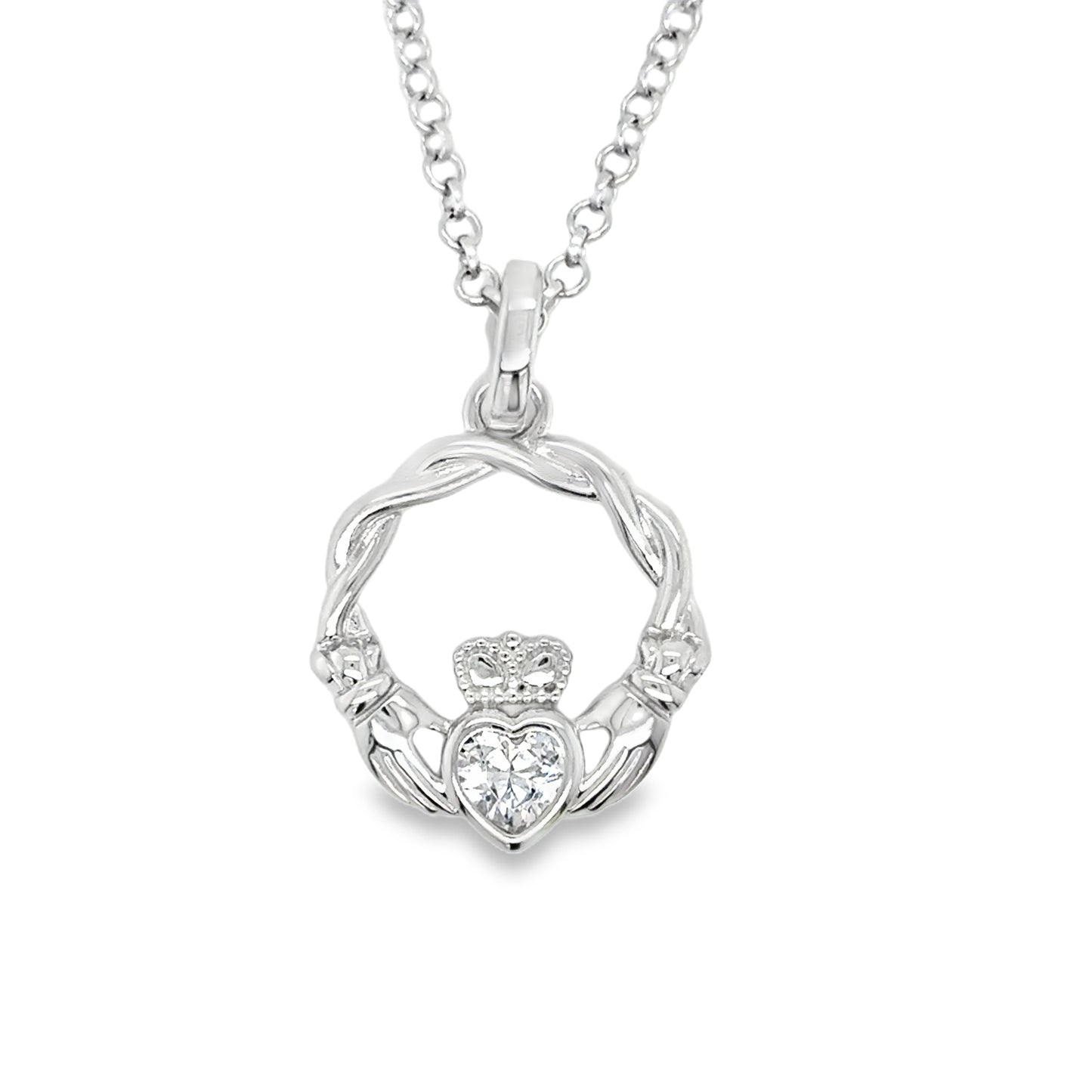 Sterling Silver Rubover CZ Woven Claddagh Necklet
