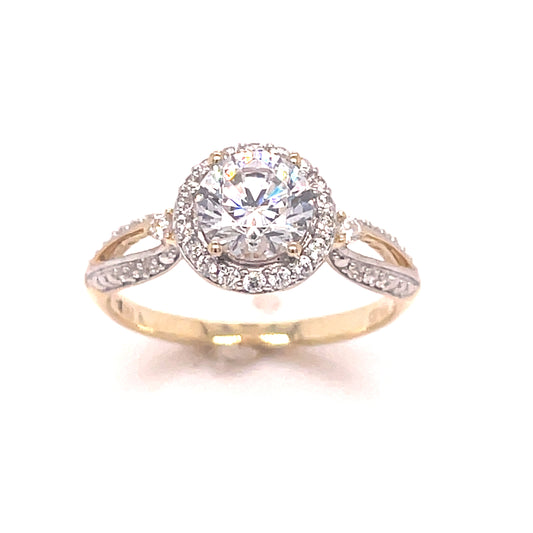 9CT CUBIC ZIRCONIA ROUND HALO DRESS WITH WITH OPEN FANCY SHOULDERS