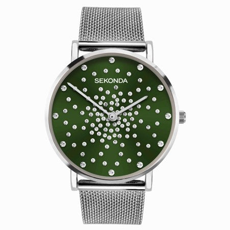 Ladies Sekonda Watch with Green Cubic Zirconia Dial and Mesh Bracelet