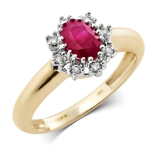9ct Ruby And Diamond Oval Cluster .08ct Diamond Ring