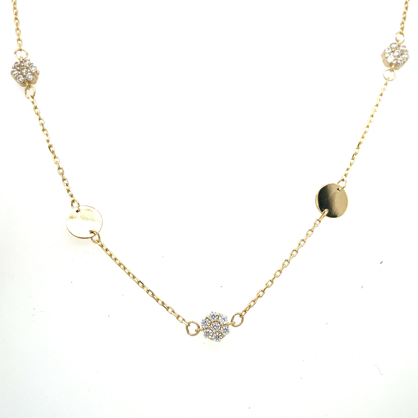 9ct Yellow Gold Disc and CZ Flower Scatter Necklet