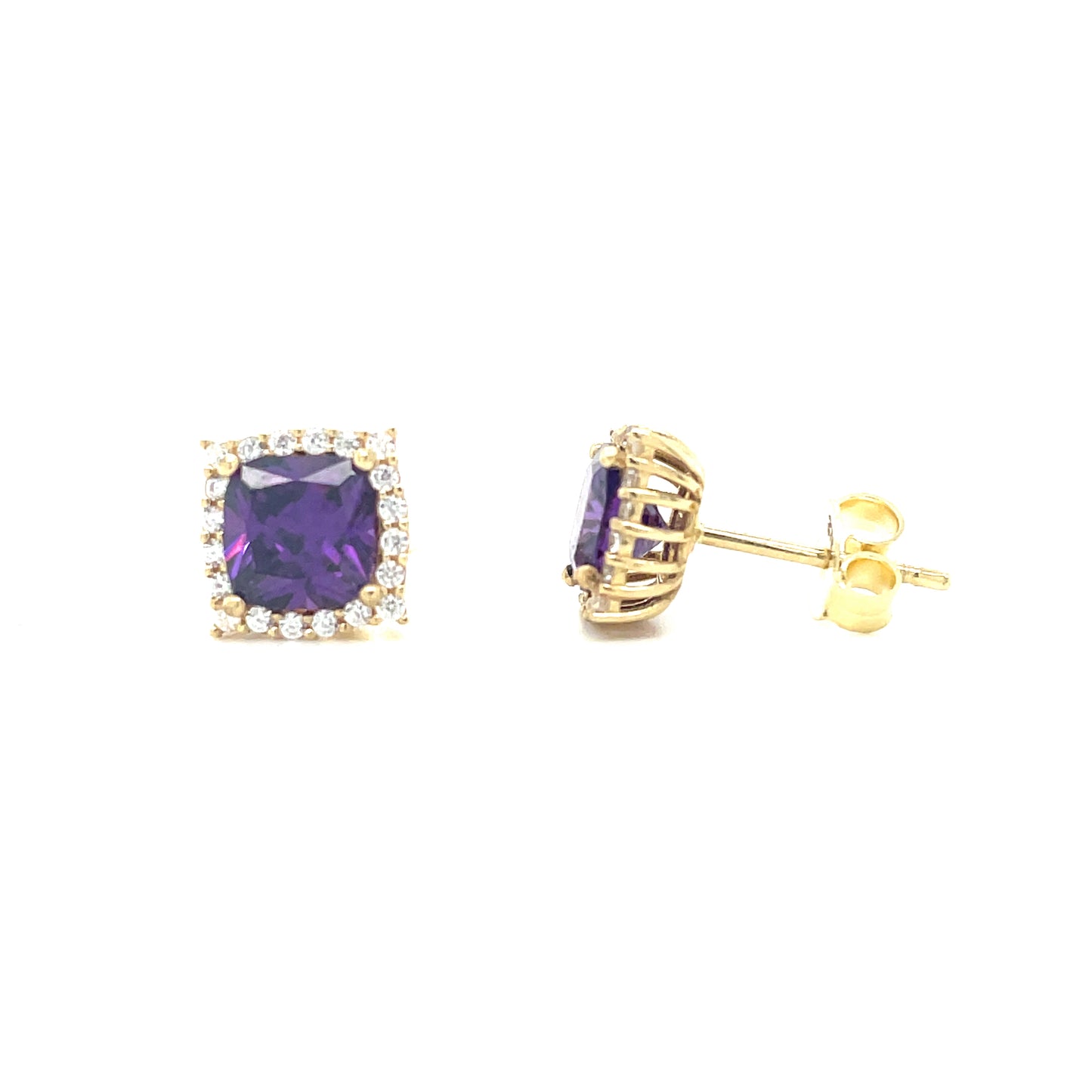 9CT Cubic Zirconia and Purple Stone Square Halo Stud Earring