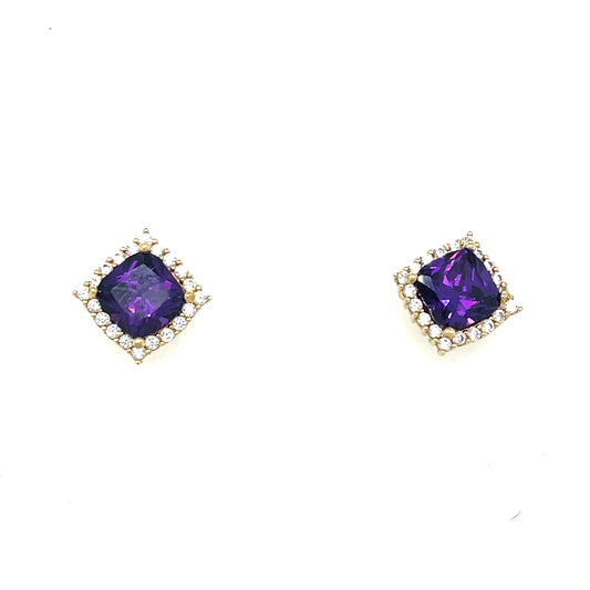 9CT Cubic Zirconia and Purple Stone Square Halo Stud Earring