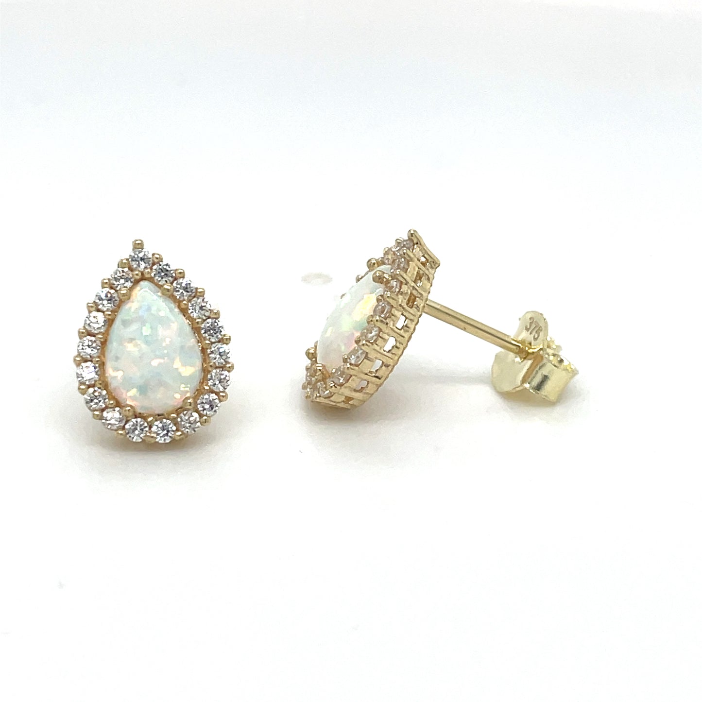 9CT Cubic Zirconia and Opal Pear Halo Stud Earring